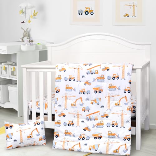 JISEN 3 Piece Crib Bedding Set Soft Baby Crib Bedding Set Construction Trucks Crib Comforter Set - Comforter Sheet Pillowcase Nursery Bedding Sets for Baby Girls or Boys JISEN