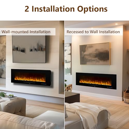 Oxhark Flame 42 inch Recessed and Wall Mounted Realistic Electric Fireplace with Multicolor Flame, 750/1500W Thermostat & Timer, Touch Screen & Remote Control, Black Oxhark Flame
