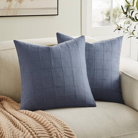 ZeeMart Linen Checked Throw Pillow Covers Set of 2, 18x18 Inch Blue/Cream, Farmhouse Decorative Single Sided Grid Embroidered Couch Pillow Cases Dusty Blue Cotton Linen Cushion Covers ZeeMart