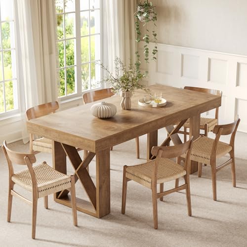 LITTLE TREE 63-Inch Rectangle Dining Table for 4-6 People, Farmhouse Thick Appearance Design, Rectangular Kitchen Dinner Table for Home, Rustic Yellowish Brown LITTLE TREE