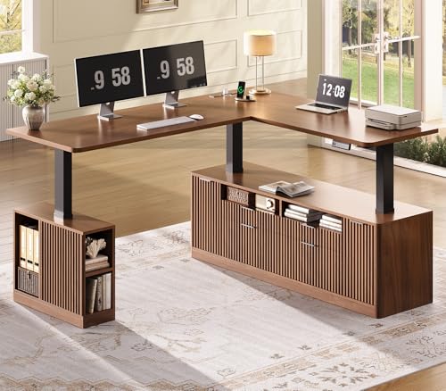 SEDETA L Shaped Electric Standing Desk, 69" x 55"Height Adjustable Office Executive Desk with 4 Drawers and Storage Shelves, Fluted Sit Stand Computer Desk with Power Outlet for Home Office (Brown) SEDETA