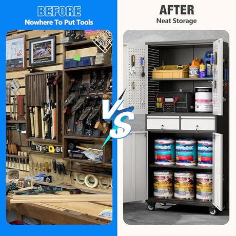 Aobabo 71" H 2 Drawer Metal Storage Cabinet with Wheels and 4 Pegboards,Lockable Steel Garage Storage Cabinet with 2 Adjustable Shelves,Black Sliver,Assembly Required Aobabo
