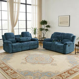 Prettyeo Reclining Sofa Set for Living Room, 2 Pieces Fabric Recliner Sofa Loveseat Set with Cup Holders & Storage Console, Manual Reclining Furniture for Home Theater, Office, Club | Blue, Microfiber
