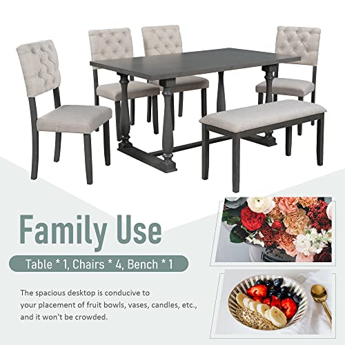 Merax 6 Piece Kitchen Dining Table Set, Wooden Rectangular Dining Table with Upholstered Bench and 4 Chairs, Dining Room Table Set for 6 People, Living Room Furniture (Gray, Beige Cushions) Merax
