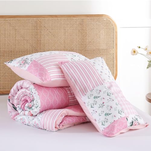 YIKUSH Queen Comforter Set - Pink Spring Floral Comforter Queen Size Patchwork Flower Cozy Bedding Set 3 Pieces for All Season, Cute Pattern 1 Comforter (90"x90") and 2 Pillow Shams (20"x26") YIKUSH