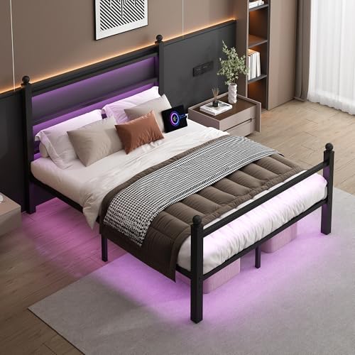 CLIBFENG Queen Bed Frame with Headboard and Footboard,Steel Slats Support-LED Bed Frame with USB Charging Station,Mattress Foundation-Under Bed Storage,No Box Spring Needed,Noise Free,Black CLIBFENG