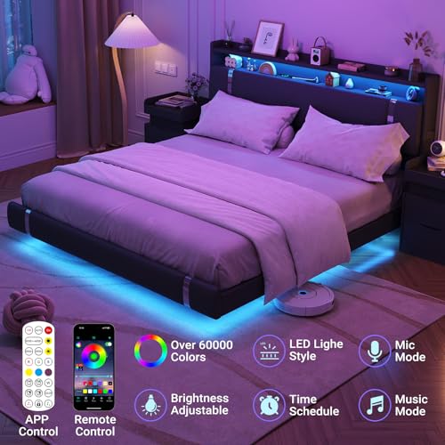 Seeday Floating Bed Frame with Storage Headboard, Modern Black King Size Bed Frame with LED Light and Charging Station, Upholstered Platform Bed Frame, No Box Spring Needed, Metal Frame Noise-Free Seeday