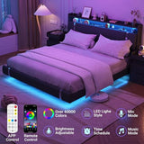 Seeday Floating Bed Frame with Storage Headboard, Modern Black King Size Bed Frame with LED Light and Charging Station, Upholstered Platform Bed Frame, No Box Spring Needed, Metal Frame Noise-Free Seeday
