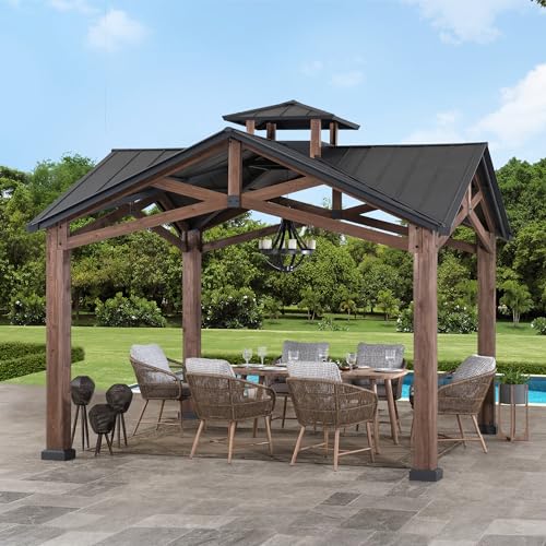 Sunjoy 12.5 x 12.5 ft. Hardtop Gazebo Outdoor Cedar Frame Wood Gazebo with Steel 2-Tier Hardtop Roof and Ceiling Hook, Black by SummerCove Sunjoy