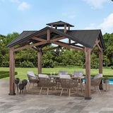 Sunjoy 12.5 x 12.5 ft. Hardtop Gazebo Outdoor Cedar Frame Wood Gazebo with Steel 2-Tier Hardtop Roof and Ceiling Hook, Black by SummerCove Sunjoy