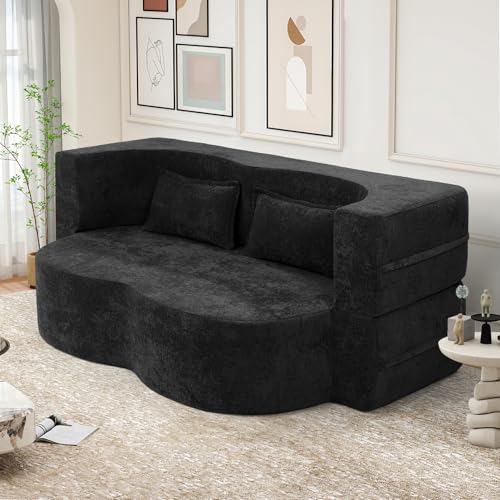 78" Convertible Sofa Bed with Pillows Queen Sleeper Sofa,Foam Folding Mattress Sleeper Modern Teddy Fabric Floor Cushion and Futon Chaise Lounge Sofa,For Apartments,Guest Rooms,Guest Use,Condo,Black Luxanimarion