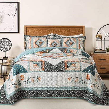 BEDIFANY Cotton King Size Quilt Sets, Lightweight King Quilt Bedding Set (98 x 106 inch) Garden Style Floral Bedspread King Size Coverlet Set for Bed Decorations - All Seasons, 3 Pieces BEDIFANY