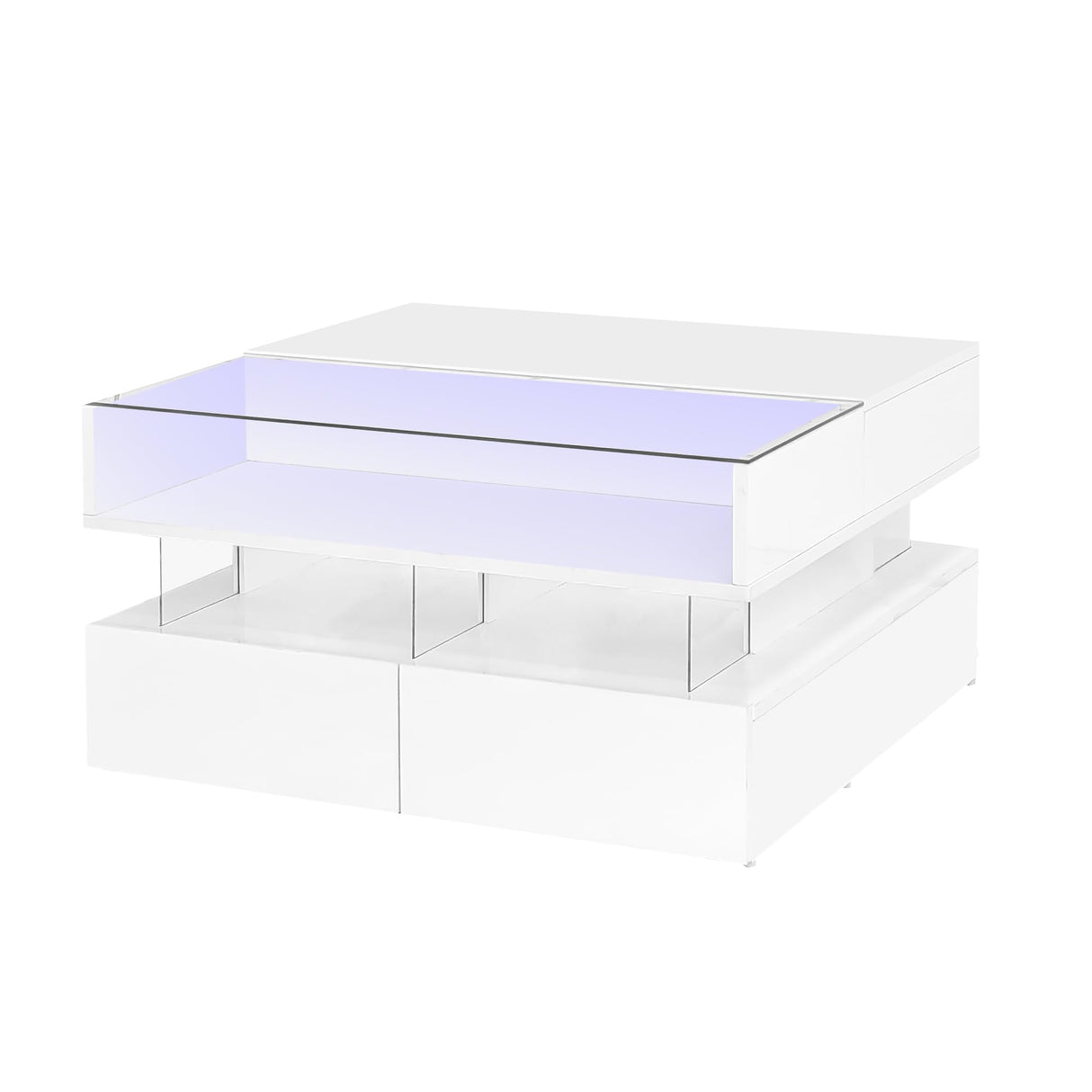 Merax Coffee Table, High-Gloss Finish Lift-Top Coffee Table with 2 Drawers and Hidden Space, Modern Center Table with Glass Tabletop & LED Lights for Living Room (White) Merax