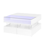Merax Coffee Table, High-Gloss Finish Lift-Top Coffee Table with 2 Drawers and Hidden Space, Modern Center Table with Glass Tabletop & LED Lights for Living Room (White) Merax