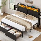 LARMACE King Size Bed Frame with Storage Drawers and Ergonomic Headboard,2-Tier Hidden Storage,Wooden Platform Bed Frame with Charging Station and LED Lights,No Box Spring Needed,Easy Assembly,Black LARMACE