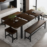 iPormis 5-Piece Dining Table Set for 4-8 People, Extendable Kitchen Table Set with 2 Benches and 2 Square Stools, Mid-Century Dining Room Table with Metal Frame & MDF Board, Saving Space, Espresso iPormis