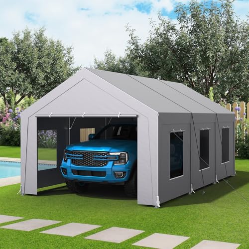Carport 12x20 ft Heavy Duty, Car Port with Reinforced Steel Frame and 6 Roll-up Windows, Portable Garage with Removable Sidewalls, Water-Proof All-Season Car Canopy for Boat, Truck, Light Grey ONBRILL