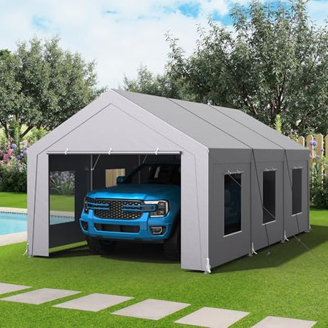 Carport 12x20 ft Heavy Duty, Car Port with Reinforced Steel Frame and 6 Roll-up Windows, Portable Garage with Removable Sidewalls, Water-Proof All-Season Car Canopy for Boat, Truck, Light Grey ONBRILL