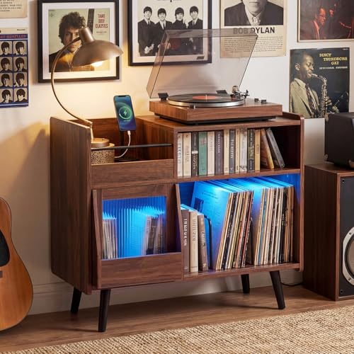 Giantex Large Record Player Stand with LED Light, Mid Century Modern Turntable Stand w/Sliding Door, Charging Station & Solid Wood Leg, Record Player Table, Vinyl Record Storage for Living Room, Walnut Giantex