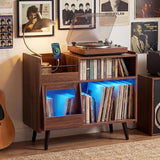 Giantex Large Record Player Stand with LED Light, Mid Century Modern Turntable Stand w/Sliding Door, Charging Station & Solid Wood Leg, Record Player Table, Vinyl Record Storage for Living Room, Walnut Giantex