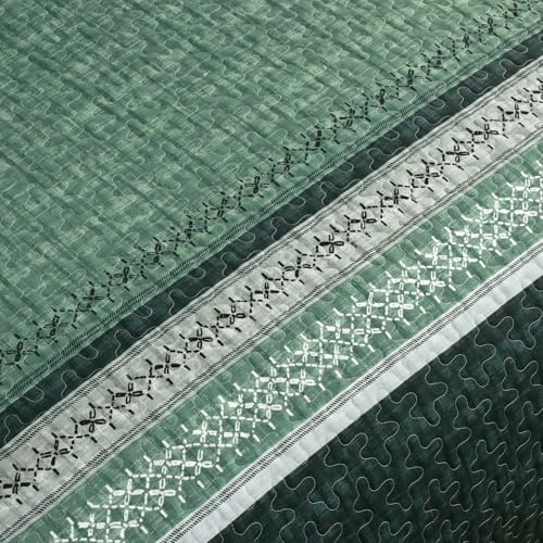 Menghomeus Quilt Queen Size, Green Patchwork Striped Quilt Set 3 Pieces, Soft Lightweight Bedspread Coverlet Bedding Set for All Season 96"x90" Menghomeus