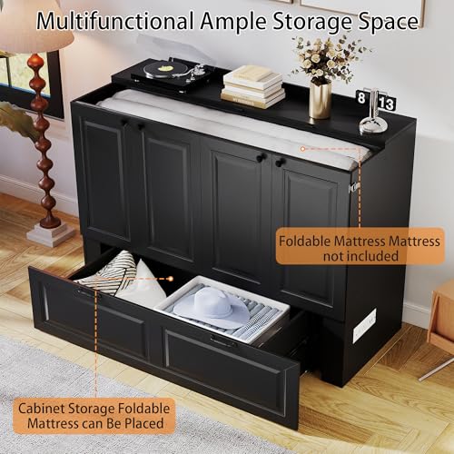 Mhsatyrs Murphy Bed Full Size: Black 2 in 1 Murphy Bed Cabinet with Drawer, Wood Cabinet Bed with Charging Station, Modern Hidden Beds for Small Spaces Mhsatyrs