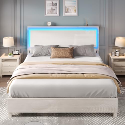 LUXOAK High Gloss Beige Bed Frame with Floating LED Headboard – Full Platform Design, Easy Assembly LUXOAK