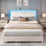 LUXOAK High Gloss Beige Bed Frame with Floating LED Headboard – Full Platform Design, Easy Assembly LUXOAK