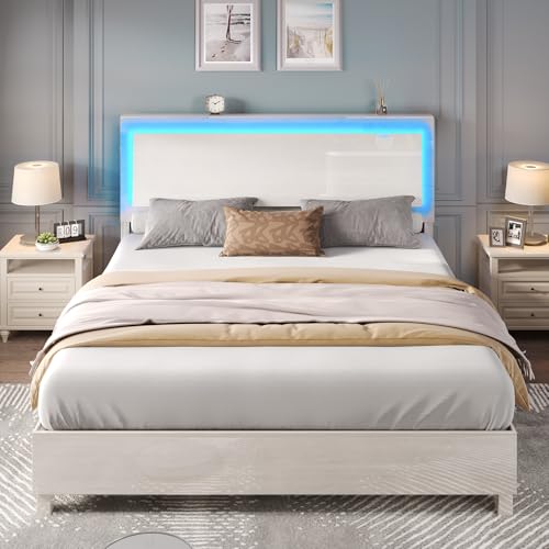 LUXOAK High Gloss Queen Bed Frame with LED Floating Headboard - Beige - WoodArtSupply