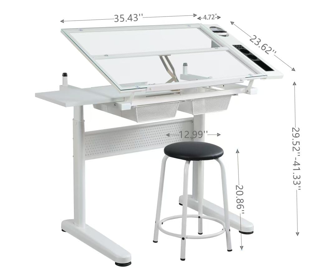 Landpink Adjustable Drafting Table - Art and Drawing Glass Desk, Artist Crafts Table - Upgraded (White) Landpink