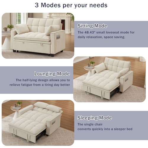 Portaforta Sleeper Sofa with Pull Out Couch Bed, 48" Convertible Pull-Out Sofa Bed Chair, 3-in-1 Futon Couch with Reclining Backrest and Side Pockets for Living Room Bedroom Apartment, Beige Portaforta