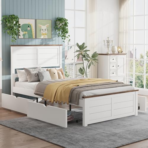 LUXOAK Farmhouse Twin Size Bed Frame with Headboard and 4 Storage Drawers, Solid Wood Barn Door Platform Bed with Wood Slats, Heavy Duty Mattress Foundation, Non-Slip & Noise-Free, Antique White