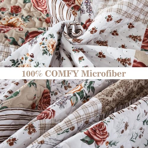 Menghomeus Taupe Floral Quilt Set Queen Boho Patchwork Bedspread Floral Coverlet Reversible Bed Quilt Set All Season Soft Microfiber Bedding Farmhouse Bed Sets, 96"x90" Menghomeus