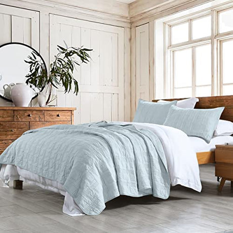 HORIMOTE HOME 100% Cotton Quilt Set Queen Size, Baby Blue Pre-Washed 3-Piece Bedspread Coverlet Set, Cozy Lightweight Stitching Bedding Cover with 2 Shams in Geometric Pattern for All Season HORIMOTE HOME
