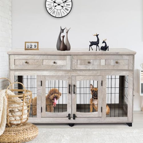 Large Dog Crate Furniture, Double Dog Kennel Furniture with 2 Drawers and Removable Divider, XXL Heavy Duty Wood Dog Crate Table for 2 Dogs Indoor (Gray, 58 in) GarveeHome
