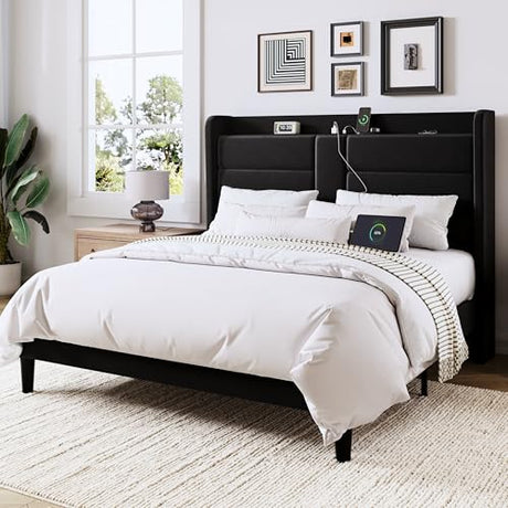 Allewie Queen Size Platform Bed Frame with Charging Station & Storage Headboard, Upholstered Velvet Wingback Design & USB Port, Strong Wooden Slats Support, No Box Spring Needed, Easy Assembly, Black Allewie