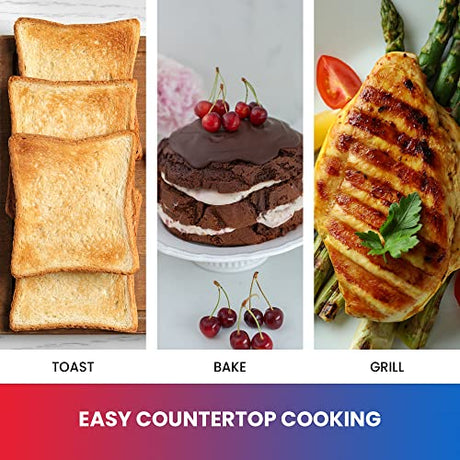 Total Chef Toaster Oven 4 Slice Small Compact Kitchen Appliance Pizza Bake Toast Rost Broil Bread Toaster Auto Shutoff timer Crumble Tray Natural Convection Countertop Black Stainless Steel Koolatron
