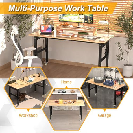 BETISEF 70’’ Work Bench Adjustable Workbench Heavy Duty Work Table with Power outlets, Pegboard, Wheels and Foot Pads, 2000 Lbs Capacity Hardwood Work Benches for Garage, Workshop, Office, Home BETISEF