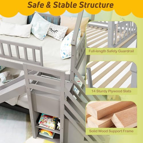 KOMFOTT Wood Twin Over Twin Bunk Bed with Slide & Staircase, Twin House Bunk Bed with Safety Guardrails & Storage, Floor House Bed with Wooden Slat Support for Boys Girls, No Box Spring Needed (Grey) KOMFOTT