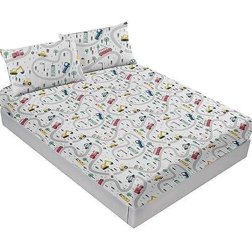 Yasida Car Sheet Sets for Kids Cute Cartoon Truck Bed Queen Size Fitted Sheets Boys 3D Plants Print Bedding Set Soft Microfiber Bedroom Decor(3pc) Yasida