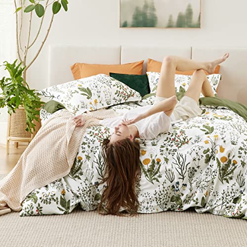 Bedsure Duvet Cover Full Size - 100% Cotton Reversible Floral Full Duvet Cover Set with Zipper Closure, 3 Pieces Soft & Breathable Green Bedding Set with 2 Pillow Shams 20"x26" Bedsure