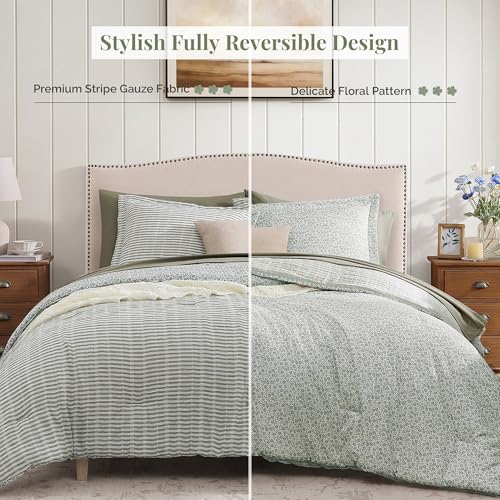 BLOOMHAVEN Queen Comforter Set - 7 Pieces Green Gauze Muslin Bedding Sets for All Seasons, Lightweight Breathable Bed in a Bag Queen with Revesible Farmhouse Comforter, Sheets, Pillowcases & Shams BLOOMHAVEN
