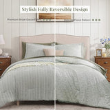 BLOOMHAVEN Queen Comforter Set - 7 Pieces Green Gauze Muslin Bedding Sets for All Seasons, Lightweight Breathable Bed in a Bag Queen with Revesible Farmhouse Comforter, Sheets, Pillowcases & Shams BLOOMHAVEN