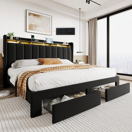 SHA CERLIN Velvet King Size Bed Frame with Vertical Channel Tufted Wingback Headboard & 2 Storage Drawers/2-Tier Shelves with LED Lights & Charging Station/Noise-Free/No Box Spring Needed/Black SHA CERLIN