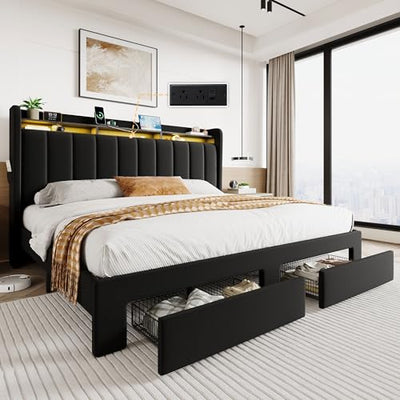 SHA CERLIN Velvet King Size Bed Frame with Vertical Channel Tufted Wingback Headboard & 2 Storage Drawers/2-Tier Shelves with LED Lights & Charging Station/Noise-Free/No Box Spring Needed/Black