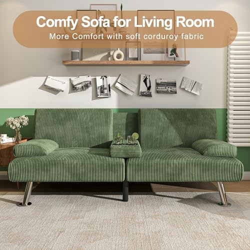 Shahoo Modern Upholstered Convertible Folding Futon Sofa Bed with Removable Armrests, Metal Legs, 2 Cup Holders for Living Room, Green Shahoo