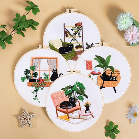 LOMOHOO 4 Sets Cat Embroidery Kit for Beginners, Cute Cat Pattern, Starter Craft DIY Embroidery Sets (Black Cat) LOMOHOO