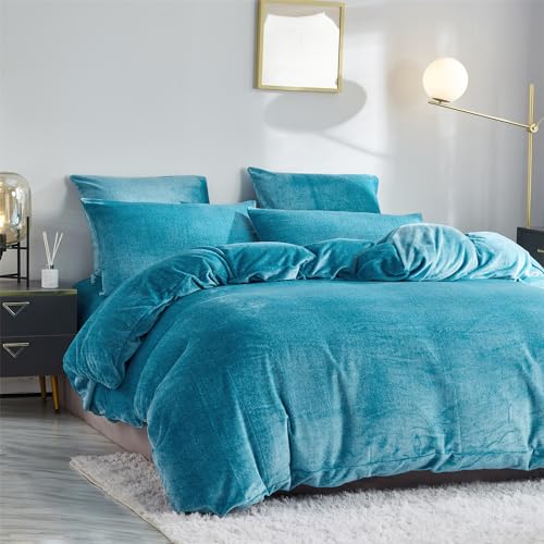 YASMENG Fluffy Velvet Duvet Cover Set Turquoise Blue Queen Size Fall Winter Soft Warm Flannel Comforter Cover Aqua 90" x 90" Luxury Cozy Plush Fleece Full Reversible Bedding Duvet Cover Set 3pcs YASMENG