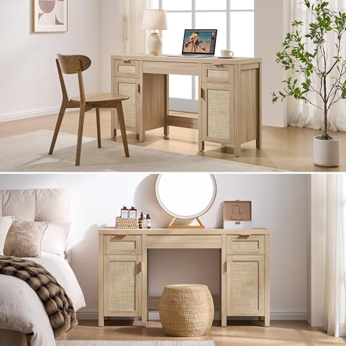 SICOTAS Rattan Vanity Home Office Desk - 52" Large Farmhouse Boho Makeup Vanity Dressing Table with 3 Drawers & 2 Storage Cabinets, Vanities Desk for Makeup Room, Bedroom, Home Office, Light Oak SICOTAS