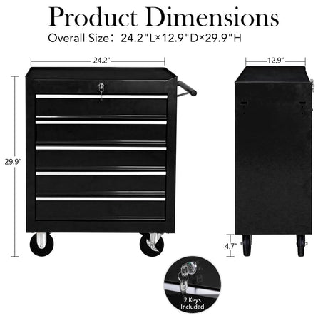 Tool Chest with Wheels,Metal Locking Rolling Tool Box with Tool Organizer Trays for Tool Storage Organizer,Garage,Portable Standing Mechanic Toolbox for Garage (5 Drawer Tool Box Black, 5 Drawer) BouPower